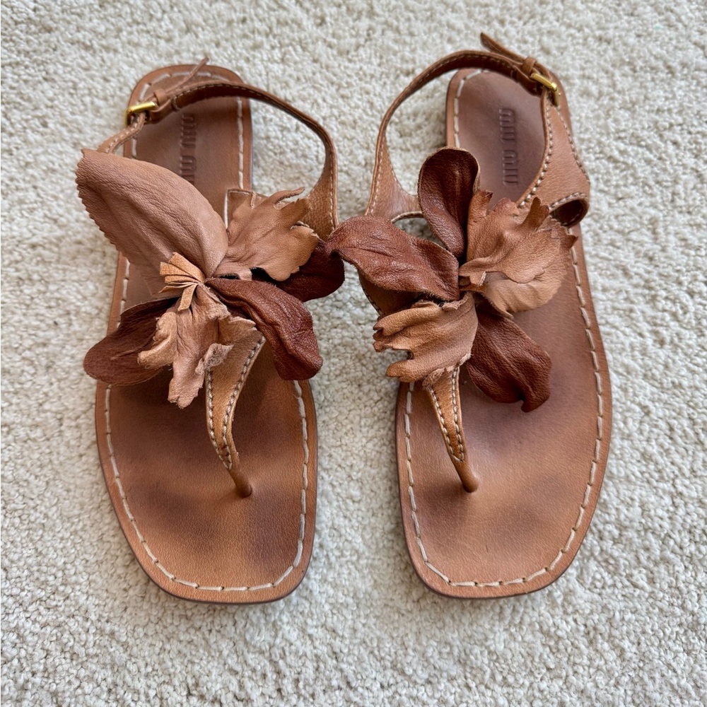 Miu Miu Brown Floral Leather Sandals